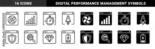 Hybrid web browser interface icons merging software window frames with performance symbols like cooling fan rocket booster and security shield