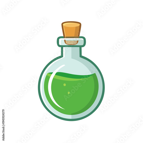 A cartoon illustration of a green potion bottle with cork