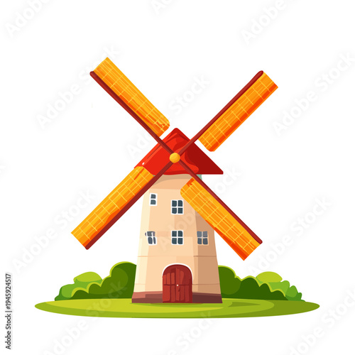 An illustration of a picturesque windmill set against a charming rural background. The blades are turning, and the scene radiates peace and tranquility