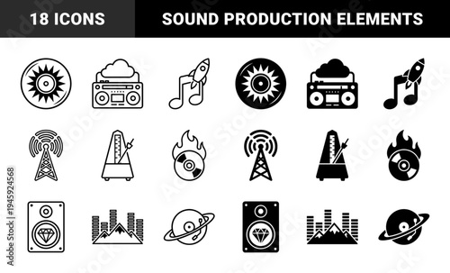 Abstract Audio Music Symbols and Hybrid Sound Elements Featuring Record Planet Radio Tower Metronome and Flame Disc Concept Graphics