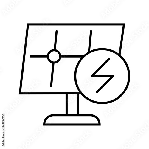 Solar Energy Icon, Solar energy icon Black and white outline vector, Simple outline style. Sun with lightning bolt, technology, nature, eco, ecology, sunlight, environment concept. Thin line symbol.