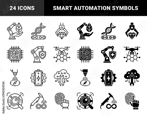 Hybrid industrial automation and biotechnology icons featuring robotic arms with leaves DNA strands on conveyors and diamond extraction claws