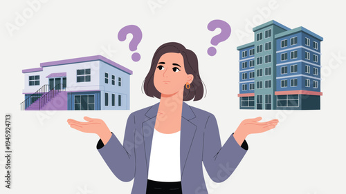 Businesswoman Deciding Between Two Property Buildings, Question Marks, Flat Vector Illustration