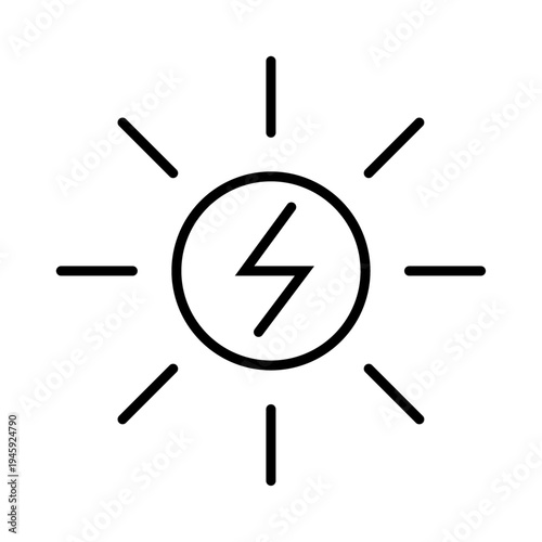 Solar Energy Icon, Solar energy icon Black and white outline vector, Simple outline style. Sun with lightning bolt, technology, nature, eco, ecology, sunlight, environment concept. Thin line symbol.