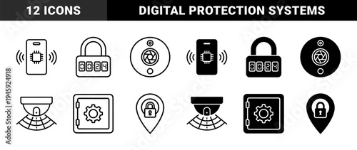 Smart Home Security Hybrid Icons Featuring Lock Timer Camera Shutter Safe Gear and Location Padlock in Line and Solid Styles