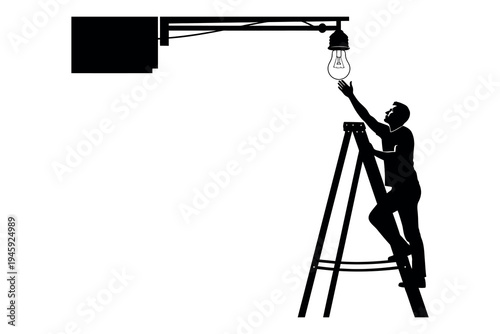 A man changing a light bulb on a ladder