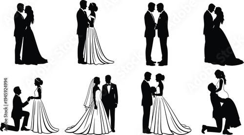 Romantic wedding couple silhouettes collection with bride and groom proposal love marriage vector illustration isolated background