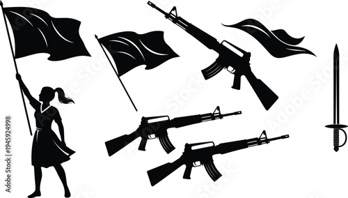 Protest silhouette illustration, revolution flag symbol, militant activism artwork, conflict weapon icons, resistance flame design, unity demonstration graphic, political struggle