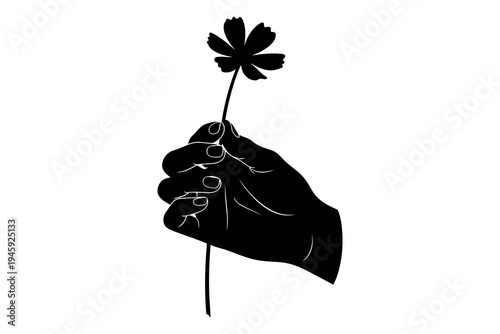 A black silhouette of a hand holding a flower stem with a leaf and blossom