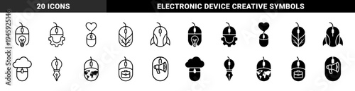 Computer mouse hybrid icon set merging digital technology with creative lightbulb growth leaf rocket and global communication symbols