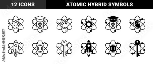 Hybrid science icons merging atomic orbital paths with industrial gears graduation caps human hearts rockets microchips keys and growth charts