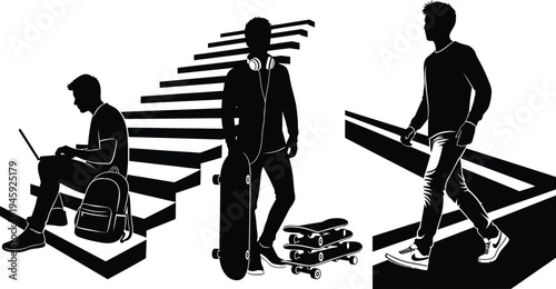 Teen skateboarder lifestyle silhouette with students using laptop and walking with skateboards, modern urban youth culture vector illustration