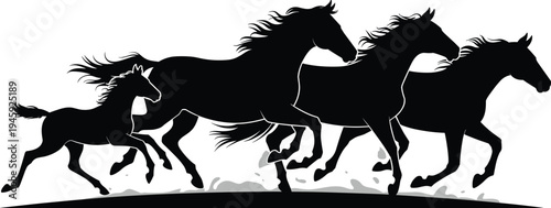 Wild horses running silhouette herd, galloping stallions vector illustration, powerful equine animals in motion, freedom nature wildlife design