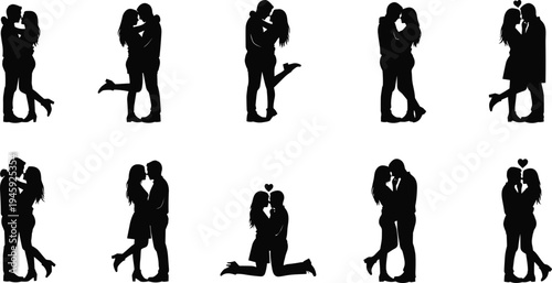 Romantic couple silhouettes, love poses, hugging figures, kissing shadows, affectionate stance, relationship icons, heart symbols, abstract romance illustration, stock vector