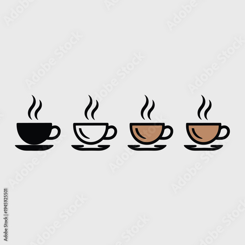 Four steaming coffee cups in a row, black, white, and brown