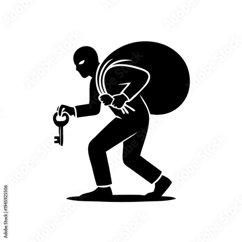 Silhouette burglar breaking into house with key at night black and white