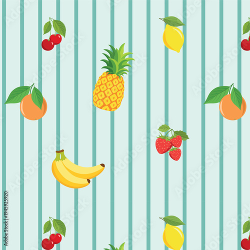 Retro Fruit Medley Seamless Pattern with Minty Stripes and Summer Food Aesthetic