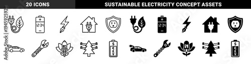 Hybrid energy and ecology icons merging power plugs with leaves electric cars with plugs and battery symbols with currency and clock displays