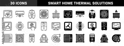 Smart Home HVAC Control and Energy Management Icons Featuring Climate Systems Solar Power Storage and Air Quality Monitoring Sensors in Dual Styles