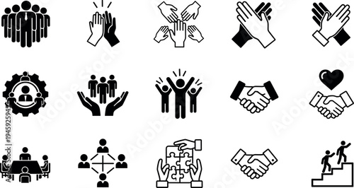 Business teamwork and partnership icon set, black silhouettes of handshake, collaboration, leadership, and group cooperation vector elements on white background