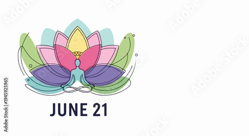 Colorful line art illustration for International Yoga Day, featuring person meditating in lotus position. Vibrant International Yoga Day design with blooming flower symbolizing peace and harmony.