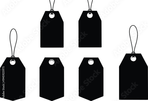 Tag silhouettes, label icons, price tags, identification symbols, hanging labels, retail design, abstract illustration, shopping concept, stock vector