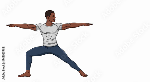 Man demonstrates yoga pose, Warrior II (Virabhadrasana II), on white background. Athletic yoga pose emphasizes balance, strength for exercise, meditation themes.