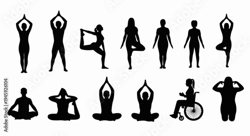 Various yoga poses silhouettes on white background illustrating diverse human figures engaging in mindfulness practice. Different yoga poses for flexibility and strength,
