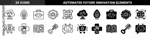 Hybrid Artificial Intelligence and Digital Technology Icon Set Featuring Robotic Arms Cloud Computing Smart Energy and Neural Network Concepts