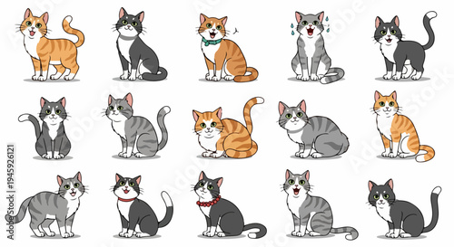 Diverse cartoon cats collection displays varied fur patterns, playful poses. Each diverse cartoon cats character displays unique personality, distinct expressions, charming design.
