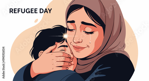 World Refugee Day illustration depicting crying mother embracing child with deep empathy. Refugee Day artwork portrays sorrowful woman in hijab, comforting young boy, symbolizing displacement, loss.