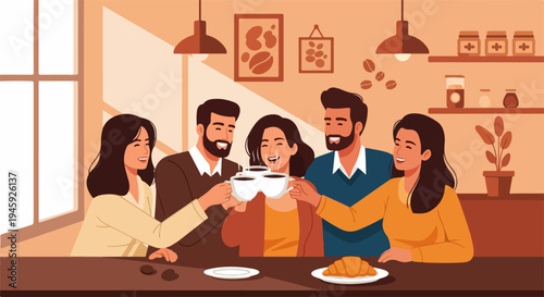 Group of friends coffee shop gathering, toasting with hot coffee cups in inviting cafe interior. Diverse friends coffee shop moment, enjoying warm beverages and croissant on wooden counter,