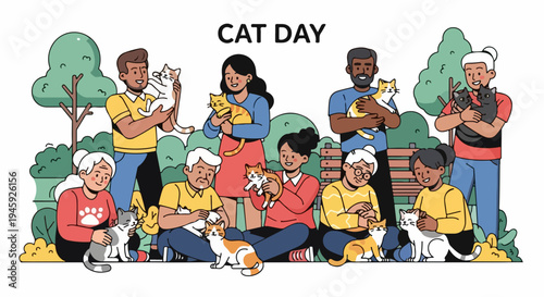 Diverse people celebrate Cat Day, lovingly holding domestic cats, displaying affection. Community members enjoy special Cat Day, interacting happily with feline companions.