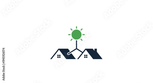 Simple House Icon with Green Sun Symbol.