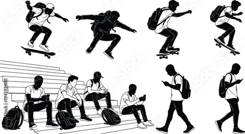 Teenagers lifestyle silhouette set with skateboard tricks and students using smartphones, youth urban culture modern social life vector illustration