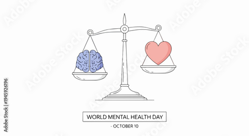 World Mental Health Day illustration presents balanced scales with brain and heart, symbolizing wellbeing and cognitive balance. Graphic promotes inner harmony for World Mental Health Day awareness.