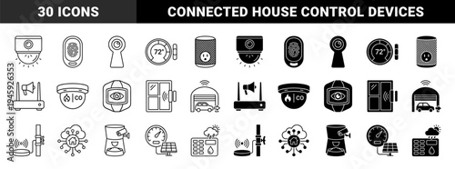 Smart Home Security and Automation Hybrid Icons Featuring Connected Surveillance Cameras Biometric Fingerprint Locks and Intelligent Environmental Controls