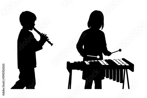 Child Playing Music Instrument Recorder Xylophone Music Education School Activity Black Vector Silhouette