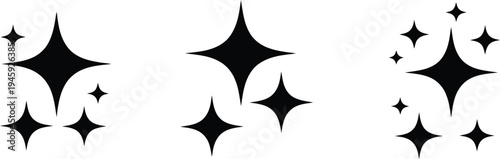 Distinctive cluster of three symmetrical black star elements placed on a clear white surface