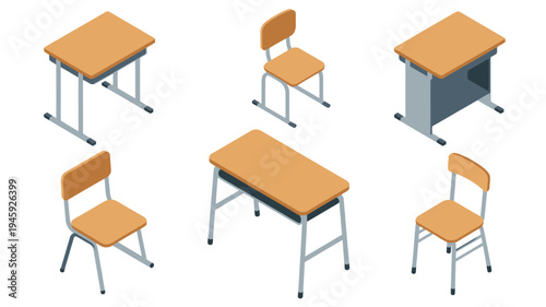 Isometric School Desks and Chairs 3D Illustration Isolated on White