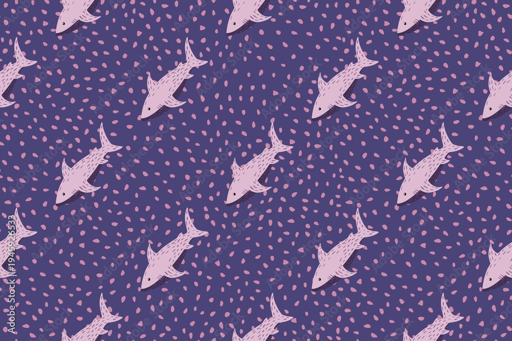 Fototapeta premium Seamless Pattern of Hand Drawn Pink Sharks on Purple Speckled Background