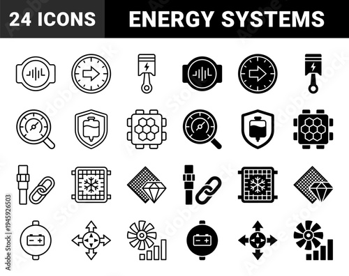 Mechanical Engineering and Industrial Energy Systems Hybrid Icons Featuring Piston Combustion Battery Power and Cooling Infrastructure Elements