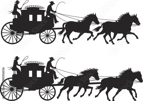 Horse drawn stagecoach silhouette, wild west carriage transport illustration, cowboy driver wagon vector, vintage western travel design