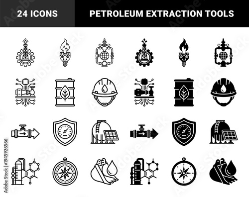 Industrial energy and petroleum extraction hybrid icons featuring oil rig gear refinery pipeline valve fuel barrel and safety helmet symbols