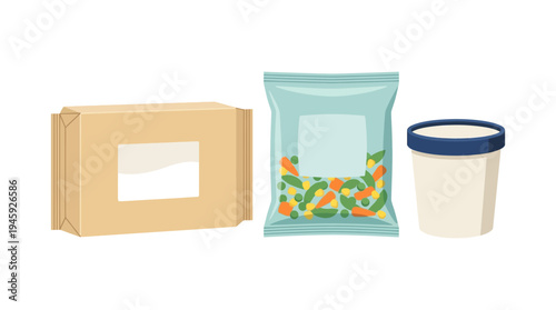 Illustration of food and drink packaging.