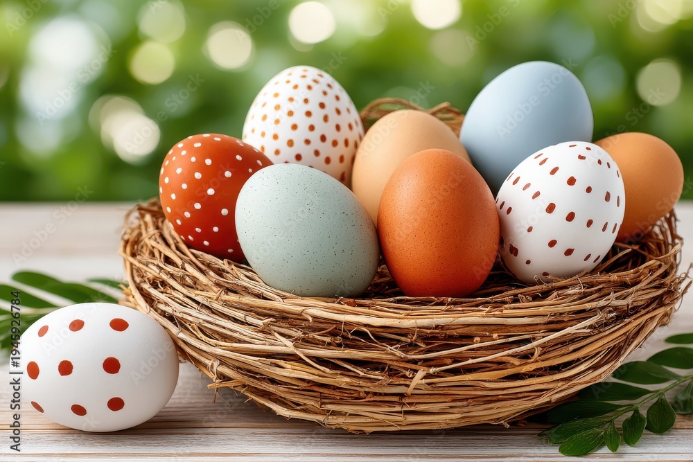 Obraz premium Colorful Easter eggs in a bird's nest on a wooden table for spring decoration
