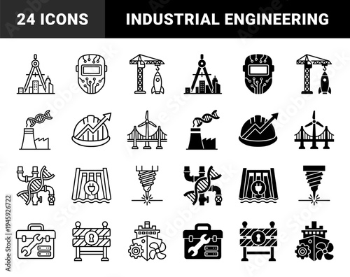 Heavy industry and engineering hybrid icon set featuring merged symbols of construction crane rocket launch dna pipe and renewable energy dam