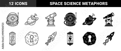 Black and white space exploration icons featuring hybrid concepts like astronaut helmet with circuit board and rocket ship with dna strand