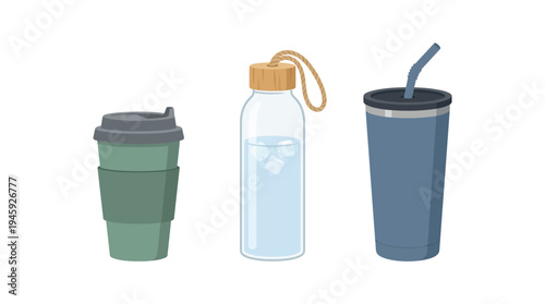 Reusable eco-friendly drinking cups and bottle.