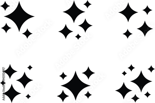 Four radiant black sparkle shapes beautifully scattered across a pristine white background field